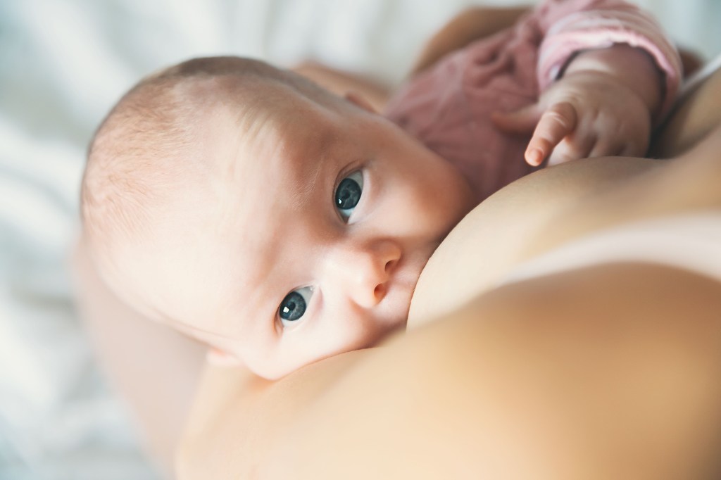 Newborn baby breastfeeding
Nursing at her mother's breast while skin to skin
Close-up of baby's face, blue eyes, pink outfit, tiny fingers, mother's bare breast, infant sucking